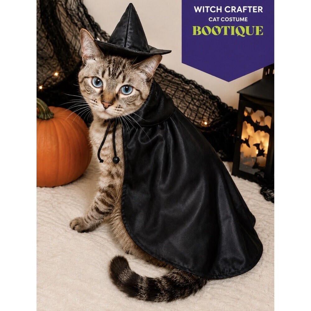 Bootique Cat Halloween Costume Witch Black Hat & Cape S/M 12.5-15" Neck to Tail